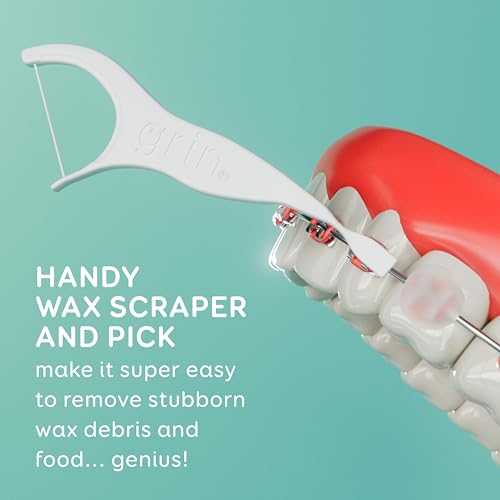 GRIN Braces Flosser, Floss Picks Designed for Braces, 60 Count, Dental Flossers, Recycled Plastic, Ortho Approved, Premium Thin Floss, Includes Handy Wax Scraper and Pick