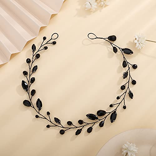Teyglen Bridal Rhinestone Crystal Hair Vine - Handmade Long Black Rhinestones Headband for Brides, Vintage Headpieces for Women, Party Prom Birthday (Black)