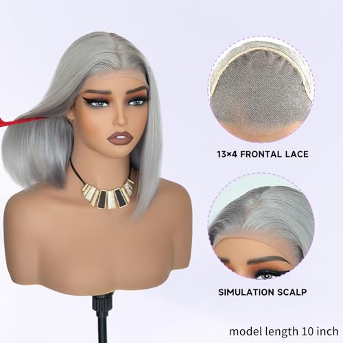 Silver Grey 13x4 Lace Front Bob Wig Brazilian Virgin Human Hair Wig Pre Plucked Hairline with Baby Hair UHD Transparent Lace Natural Looking Bleach Knots Glueless Wigs for Women 180% Density 14 Inch
