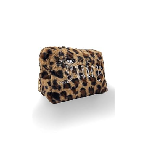 Juicy Couture Brown Makeup Bag Cosmetics Organizer Travel Essentials Zip Top Wedge Leopard Print Faux Fur Rhinestone