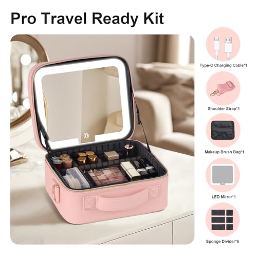 BEAUTY CASE Makeup Case with LED Light Mirror, 10 Inch Portable Travel Cosmetic Organizer Bag with Adjustable Dividers, Rechargeable, Large Capacity, Bright Lighting, Gift for Women Girls, Pink
