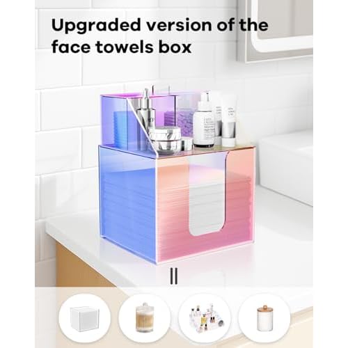 Disposable Facial Towels Storage Box Compatible with Clean Skin Club Clean Towel XL - Cotton Pads - Swabs Upgraded Double Layer Acrylic Storage Container Face Towel Holder (Glossy Rainbow)