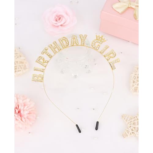 Wecoe Gold Birthday Girl Headband - Sparkling Rhinestone Tiara Crown Hair Accessories for Women Girls - Happy Birthday Party Decorations, Princess Birthday Gift Idea