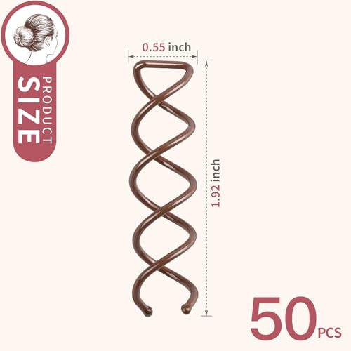 FANDAMEI 50PC Spiral Hair Pins Set, Spin Pins Spiral Bobby Pins for Girls, Women and Kids, Non-Scratch Round Clip & Bun Twist, Stylish Bun Bobby Pins, Premium Spin Pins for Hair, Brown
