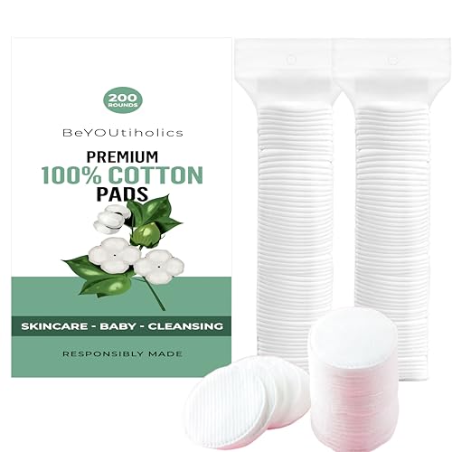 Premium 100% cotton pads, 200 rounds - Skincare, Baby, Cleansing, Gentle & soft, Hypoallergenic, Extra absorbent & Lint free.