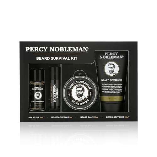 Percy Nobleman Beard Survival Kit, a Beard Grooming Kit containing a scented beard oil, beard balm, moustache wax, and a beard softener