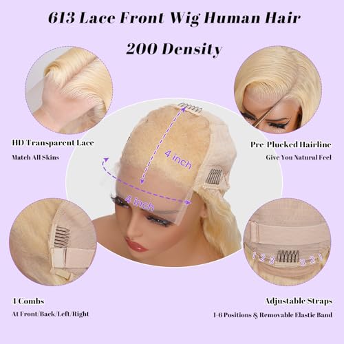 613 4x4 Bob Lace Front Wig Human Hair 200 Density 14 Inch Straight Bob Blonde Wig Human Hair 4x4 200 Density HD Lace Front Closure Wigs Human Hair Blonde Pre Plucked for Women
