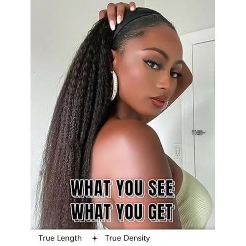 ORIGINAL QUEEN Kinky Straight Half Wig with Headband Human Hair No Lace Headband Wig Wear and Go Glueless Wigs Human Hair for Black Women 16Inch