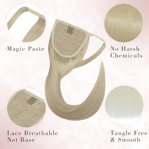 Ponytail Extensions Human Hair Long Straight Ponytail Hair Extensions with Magic Paste Wrap Around Clip in Ponytail Extensions Real Human Hair,22inch #60 Platinum Blonde,95g