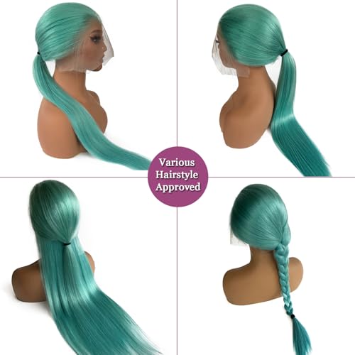 Turquoise Lace Front Wigs Human Hair 26 Inch Glueless Transparent 13x6 Lace Front Wigs Human Hair Pre Plucked Colored Aqua Blue Wig Human Hair 180% Density Teal Lace Frontal Wigs for Black Women