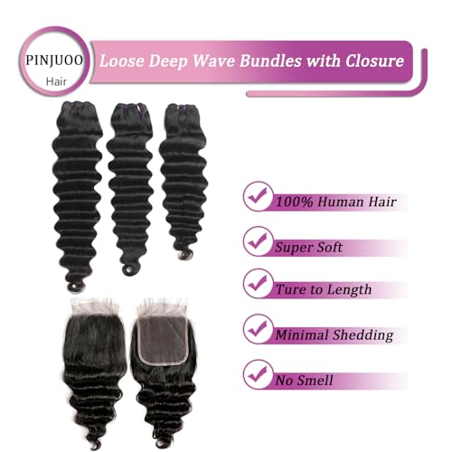 Human Hair Bundles with Closure Loose Deep Wave Bundles with Closure 20 22 24+18 Inch Long Brazilian Wavy Human Hair Extensions Natural Black Color for Women