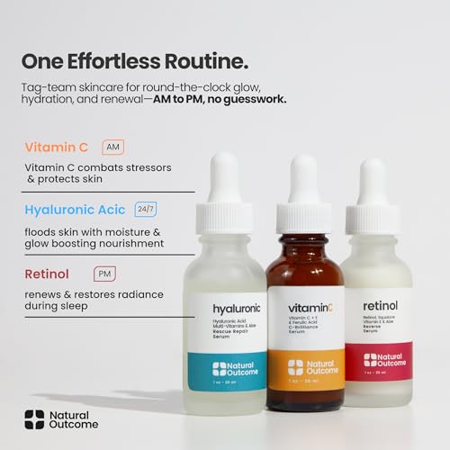 Natural Outcome Hyaluronic Acid, Vitamin C Face Serum and Retinol Facial Serum - Night and Day Anti Aging Facial Serum and Hydrating Serum Set 1 oz Each, Vegan, Cruelty Free & Fragrance Free