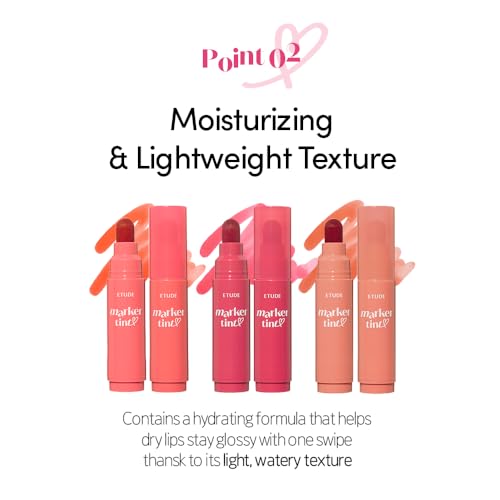 ETUDE Dear Darling Marker Tint #1 Raspberry Pop (5g) | Hydrating & Long Lasting Lip Stain | High Pigmented Lip Maker with Easy Drawing Tip | Korean Daily Lip Tint, Korean Makeup, Kbeauty