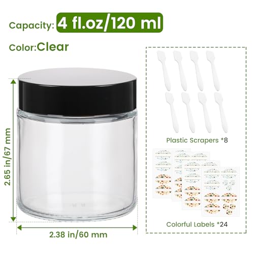 EkkoVla 24 Pack 4 oz Clear Glass Jars with Lids, Round Empty Cosmetic Containers with Inner Liners for Lotion, Cream, Ointments, Powder, Candle
