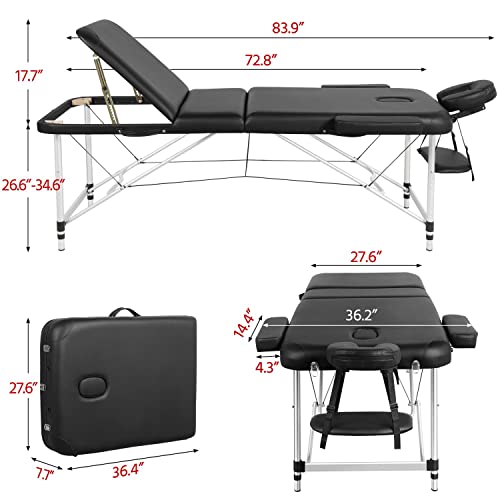 Yaheetech Massage Tables Portable Tattoo Table Adjustable Lash Bed Aluminium 3 Folding Spa Bed with Non-Woven Bag 28 inch Wide Black