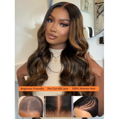 Julia Hair Bye Bye Knots Glueless Wig Highlight Balayage Brown Body Wave 7x5 Pre Cut HD Lace Front Wigs Human Hair Pre Plucked Bleached Knots Pre Everything Ready To Go Ombre Wig 20 Inch