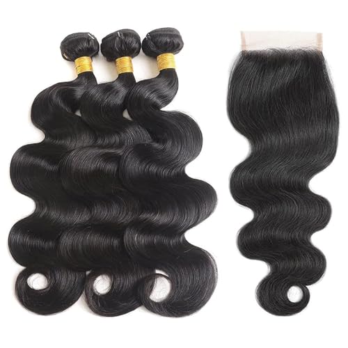 Bundles with Closure Human Hair 16 18 20+14 Inch 100% Unprocessed Brazilian Virgin Hair Extensions 3 Bundles with 4x4 HD Lace Closure Natural Black