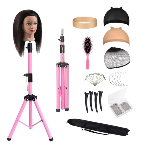 Reinforced Wig Stand Tripod 59" Heavy Duty Adjustable Mannequin Head Stand Tripod for Styling Cosmetology Hairdressing Training, Pink Wig Head Stand Sets with Wig Caps,Comb,Hair Clips, T-Pins,Headband