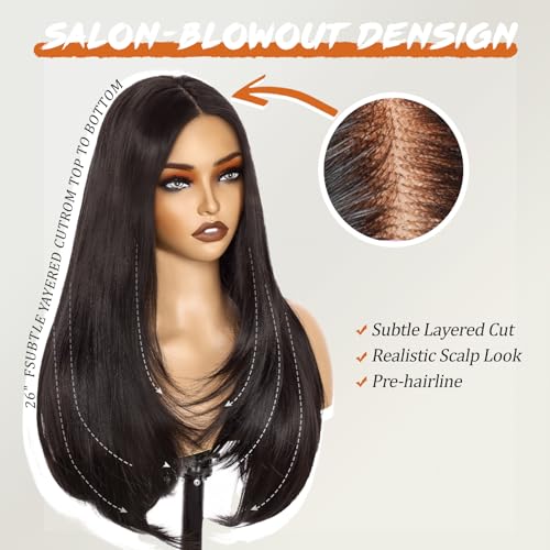 Natural Black Lace Front Wig 26 Inch - 13x4 HD Lace Layered Wigs for Women, Wear and Go Glueless Wigs Pre Plucked Pre Cut Long Straight Syntheic Fiber Pre-styling Hair for Daily