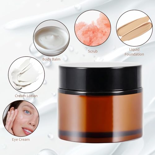 48 Pack 2oz Amber Glass Jars with Lids, Airtight Small Containers with Liners Lid for Cosmetics, Crams, Lotions Powder, Onitments Candle Making, DIY | Leak-Proof, Reusable