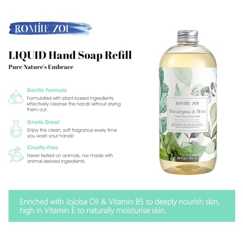 ROMIIE ZOI Liquid Hand Soap Refills, Eucalyptus & Mint, Gentle & Moisturizing Formula, 750 ML/ 26 FL OZ