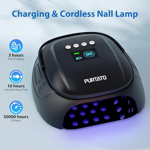126W Cordless Rechargeable UV LED Nail Lamp with Large Space, Handle and Foot Rest, Fast Curing Gel Nail Dryer with 4 Timers for Salon and Home (Matte Black)