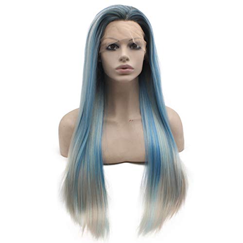 Peakia Long Straight Black Blue Gray Ombre Half Hand Tied Synthetic Lace Front Wig