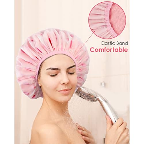 Auban Shower Cap, Shower Cap for Women Terry Cloth Lined EVA Exterior Reusable Double Layer Waterproof, Large Bath Hair Cap, Hotel Travel Essentials Accessories Cleaning Supplies(Pink)