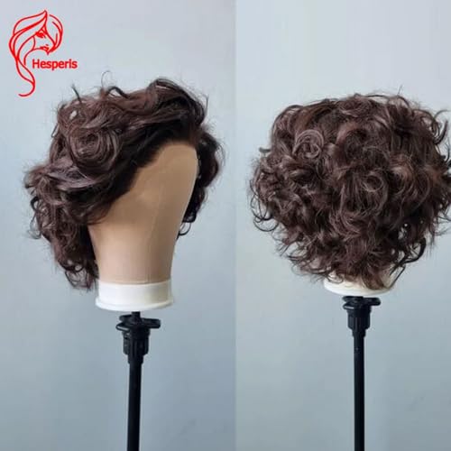 Hesperis Men's Wigs Brazilian Remy Wavy Brown Full Lace Human Hair Wigs Short Cut Boy Wig #4 Color Pixie