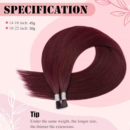Senmy Burgundy Red I Tip Hair Extensions 20inch Cold Fushion I Tip Hair Extensions Human Hair, 50g Invisible Microbead Extensions Human Hair