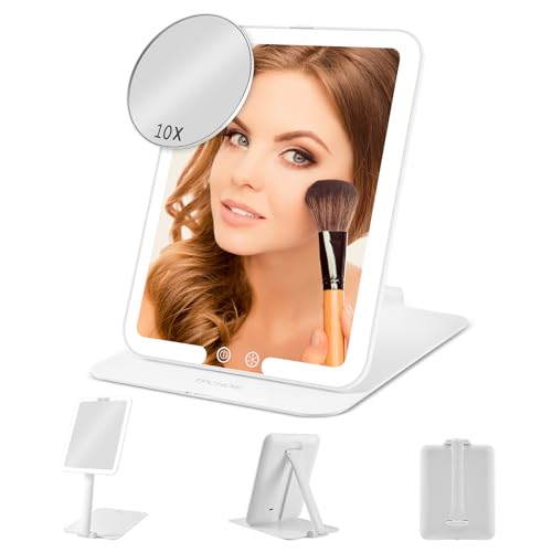 Lighted Travel Mirror with Rechargeable Light, Adjustable Stand & 3 Light Colors