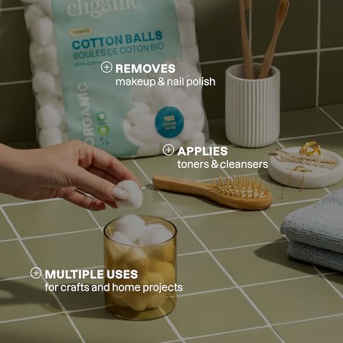 Cliganic Organic Super Jumbo Cotton Balls (100 Count) - Hypoallergenic, Absorbent, Large Size, 100% Pure (Packaging May Vary)
