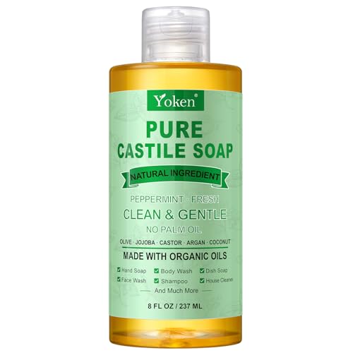Peppermint Castile Soap Liquid 8 OZ, Made with Certified Organic Oils, Gentle Peppermint Soap for Body Wash, Face, Hands, Dishes, Laundry & More - Vegan & Natural Ingredients Versatile Cleanser
