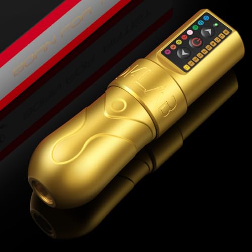 DKLAB New DK-W1 Wireless Tattoo Pen Gun Kit Machine with 2 pcs 2400 Batteries Power Supply Loaded Customized Brush-less Motor for Permanent Make Up Artists (Gold, 3.5mm Stroke)
