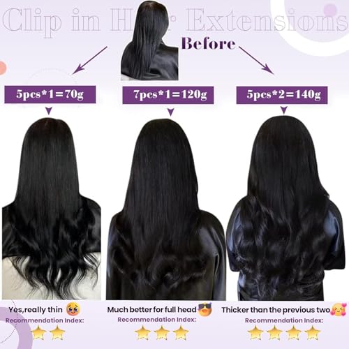 LaaVoo Hair Extensions Clip in Human Hair Black Real Human Hair Clip in Extensions 150g Jet Black 20 Inch 7pcs