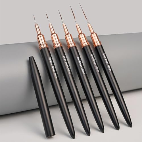 5Pcs Metallic Nail Art Liner Brush Set, UV Gel Polish Painting Tools for Long Lines, Thin Details, Fine Drawing, Sizes 4/8/12/20/25mm (Black)