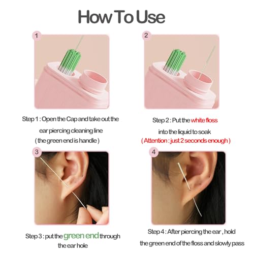 Piercing Cleaner, Ear Hole Cleaner, Piercing Cleaning Kit with 240pcs Disposable Ear Piercing Cleaning Floss & 15ml Cleaning Solution for Women Men