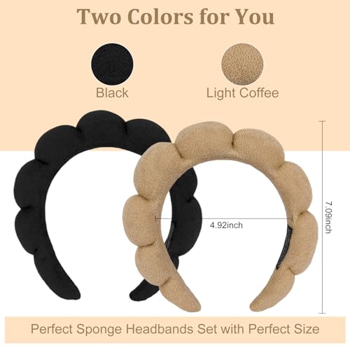 AMCAMI Puffy Spa Headband for Women Sponge Headbands for Girls 2 PCS Terry Towel Cloth Fabric Head Band for Skincare,Makeup Removal,Face Washing,Facial Mask,Shower,Hair Accessories£¨Black&Light Coffee£©