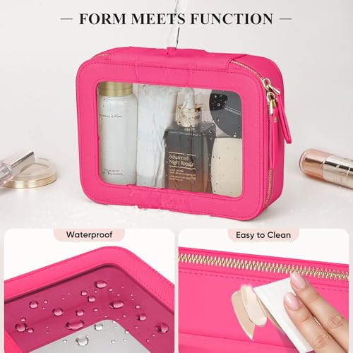 Clear Makeup Bag, Travel Toiletry Bag Cosmetic Case for Women, Waterproof Portable Make Up Skincare Pouch with Zipper, Compact Car Organizer Bag for Essentials, Mini & Medium, Hot Pink