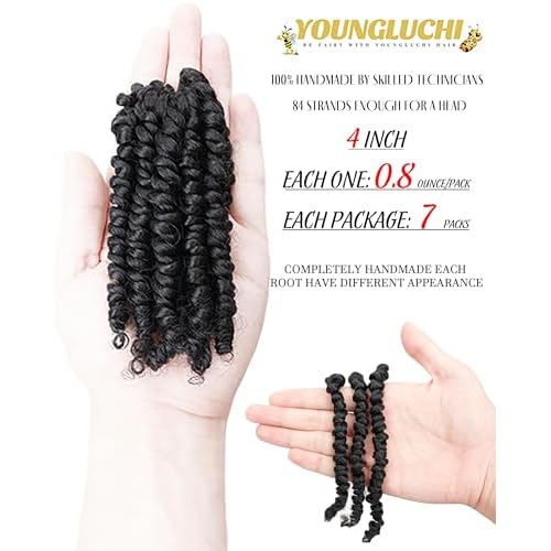 Super Short Passion Twist Crochet Hair for Black Women and Kids-4 Inch 7 Packs Natural Black Pre Looped Pretwisted Passion Twist Hair,Bob Spring Kinky Twist Bohemian Curl(4"-7P,1B#)