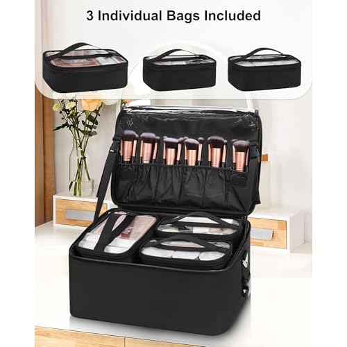 Relavel Makeup Bag Large Makeup Case Professional Cosmetic Storage Organizer Box Brush Holder with 3 Clear Set Bags for Makeup Artists with Shoulder Strap & Adjustable Dividers