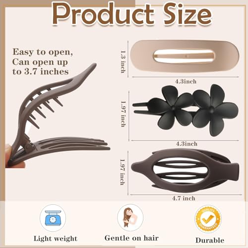 6 PCS Flat Hair Clips, French Lay Flat Claw Clips for Women Girls, 3 Styles Strong Hold Non-slip Matte Hair Claws for Thin Thick Hair(Brown&White)