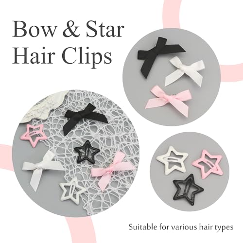 24PCS Bow Hair Clips - 3 Colors Satin Mini Hair Bow Clips Y2K Star Barrettes Bowknot Metal Snap Hair Accessories for Women Girls, Black