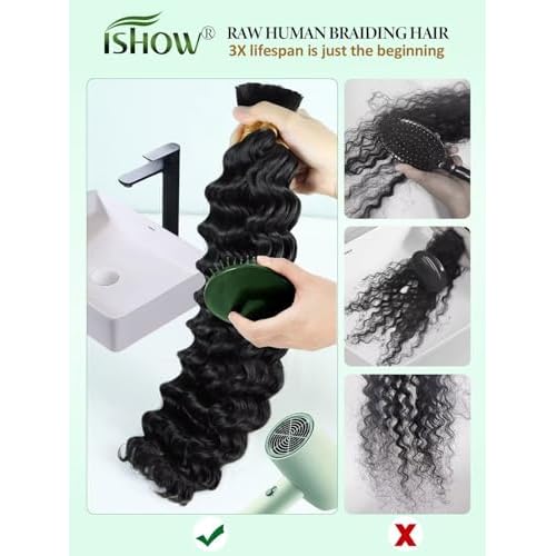 ISHOW Raw Human Braiding Hair, 100% Unprocessed Virgin Human Hair, 15A Deep Wave Boho Hair, 100g 16 Inch (2 Packs), NO.1 Premium Quality Boho Hair Producer, Long Lasting, Color 1B