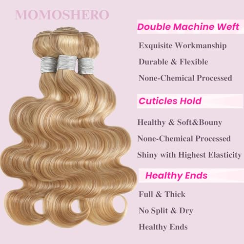 F27/613 Blonde Highlight Human Hair Bundles Body Wave, 13A Soft Honey Blonde Body Wave 3 Bundle Healthy 100% Virgin Hair #27/613 Highlight Mix Colored Wavy Weave for Women 3pcs 14 16 18 Inch