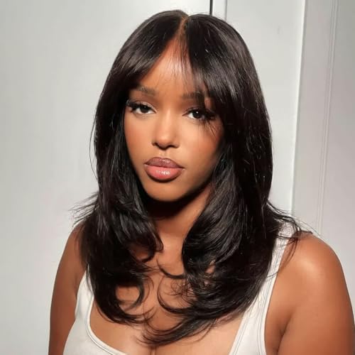 Tinashe Human Hair Wig Glueless 6¡¿5 HD Lace Front Bob Natural Black Closure Wigs Human Hair Pre Plucked Pre Cut Wigs for Black Women Butterfly Haircut Layered 16 Inches
