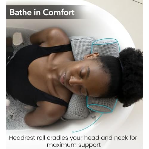 Everlasting Comfort Luxury Bath Pillows for Tub with Head and Neck Support - Non-Slip Bathtub Pillow with Suction Cups, Quick-Drying Mesh & Drying Hook - Jacuzzi & Spa Accessories for Women - Gray