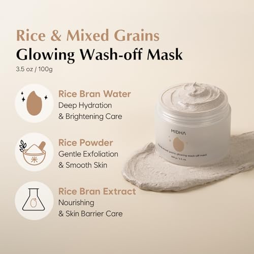 MIDHA RICE & MIXED GRAINS GLOWING WASHOFF MASK, 3.5oz/100g, Gentle Exfoliation, Glow & Smooth Texture, Rough Texture, Pore Clearing, Nourishing, Rice Enzyme, Wash off Pack