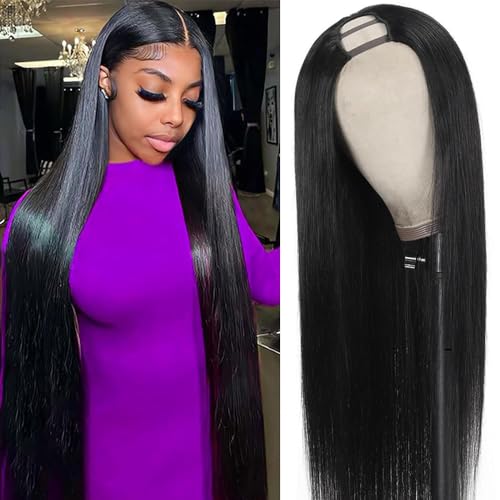 U Part Wigs Human Hair For Black Women Upgrade U Part Human Hair Wigs With Drawstring Beginner Friendly No Sew In No Leave Out No Glue U Part Wig 200% Density Natural Color (24inch)
