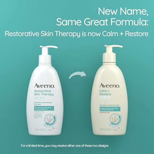 Aveeno Calm + Restore Daily Body Wash for Sensitive, Delicate Skin, Gentle Cleanser with Oat, Aloe & Pro-Vitamin B5 Soothes & Leaves Skin Feeling Nourished, Fragrance Free, 18 fl. oz